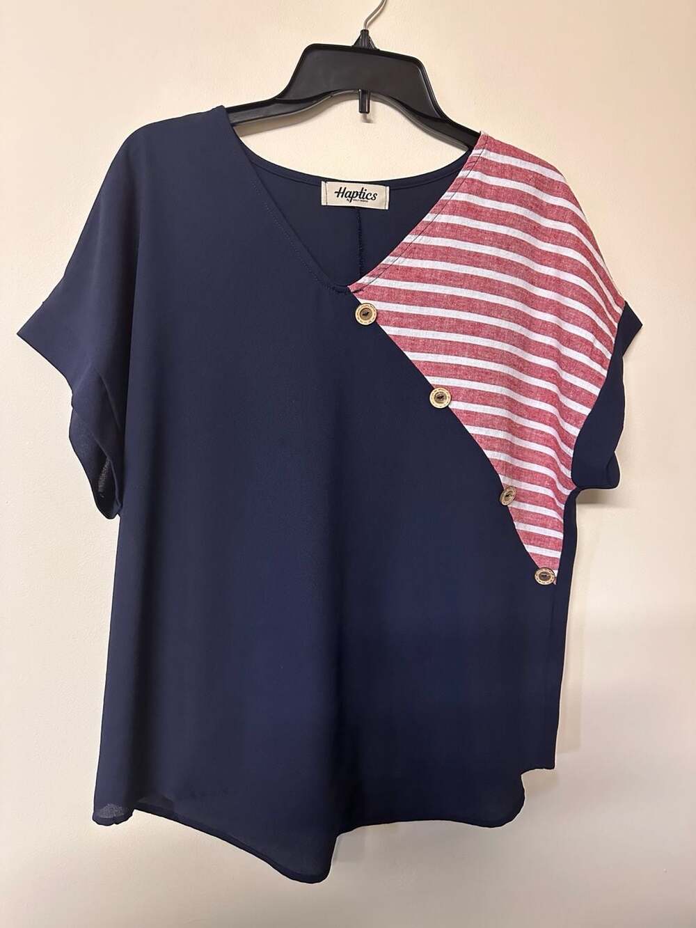 Haptics by Holly Harper Striped Patchwork Top Navy Red Short Sleeve